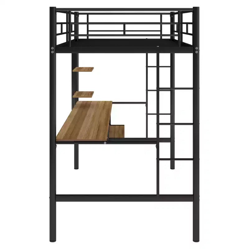 Metal Loft Bed with Built-in Desk and Storage Shelf,High Loft Bed with Keyboard Tray for Kids Boys Girls Teens