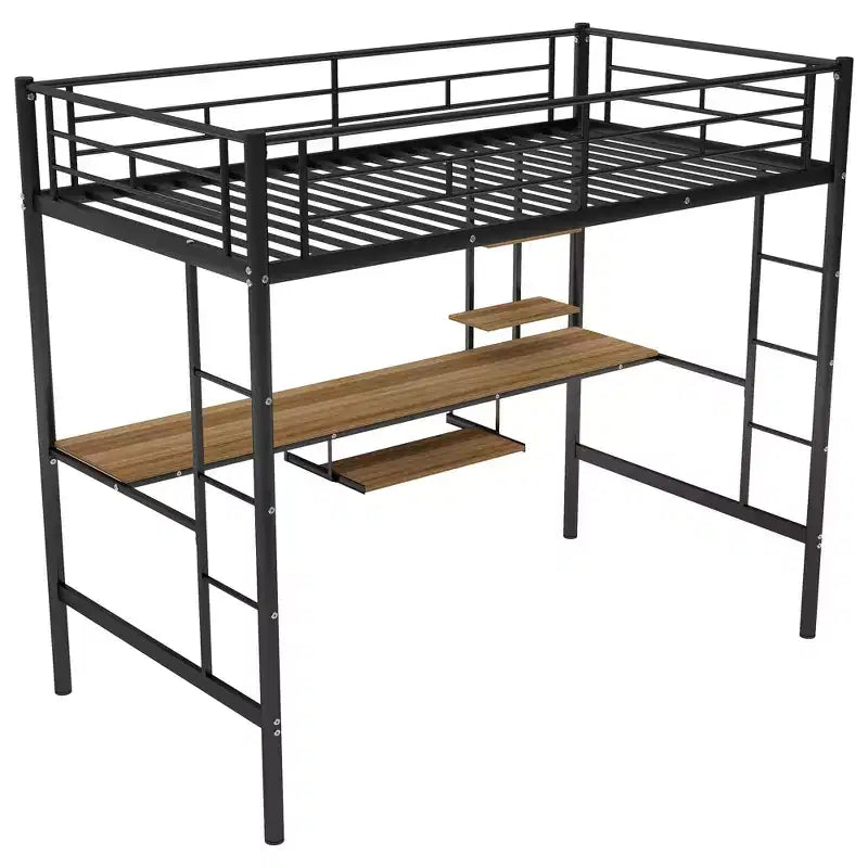Metal Loft Bed with Built-in Desk and Storage Shelf,High Loft Bed with Keyboard Tray for Kids Boys Girls Teens