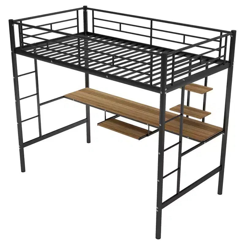 Metal Loft Bed with Built-in Desk and Storage Shelf,High Loft Bed with Keyboard Tray for Kids Boys Girls Teens