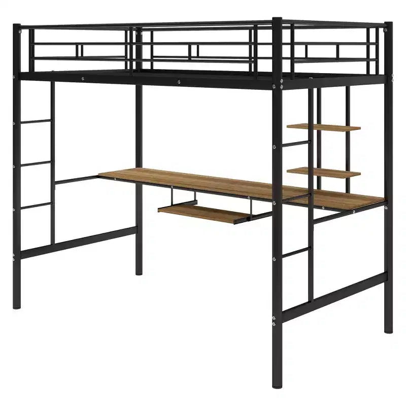 Metal Loft Bed with Built-in Desk and Storage Shelf,High Loft Bed with Keyboard Tray for Kids Boys Girls Teens