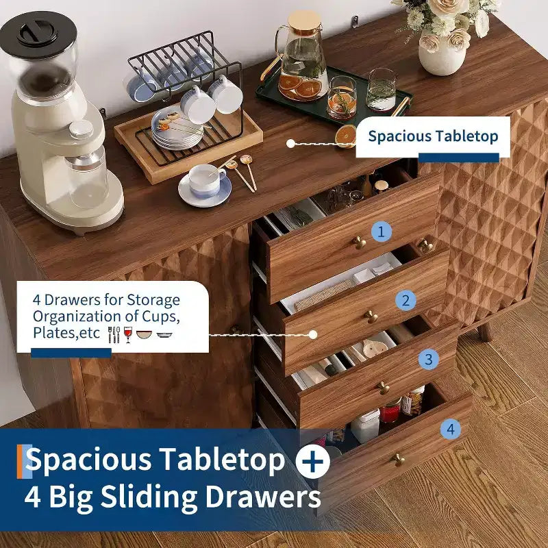 47.2 W Sideboard Buffets Cabinet with 4 Drawers, Large Buffets Cabinet with Storage, Wood Farmhouse Buffet Cabinets with 2 Door, for Home