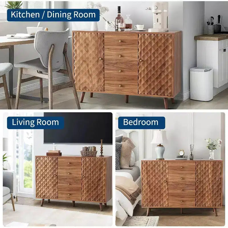 47.2 W Sideboard Buffets Cabinet with 4 Drawers, Large Buffets Cabinet with Storage, Wood Farmhouse Buffet Cabinets with 2 Door, for Home