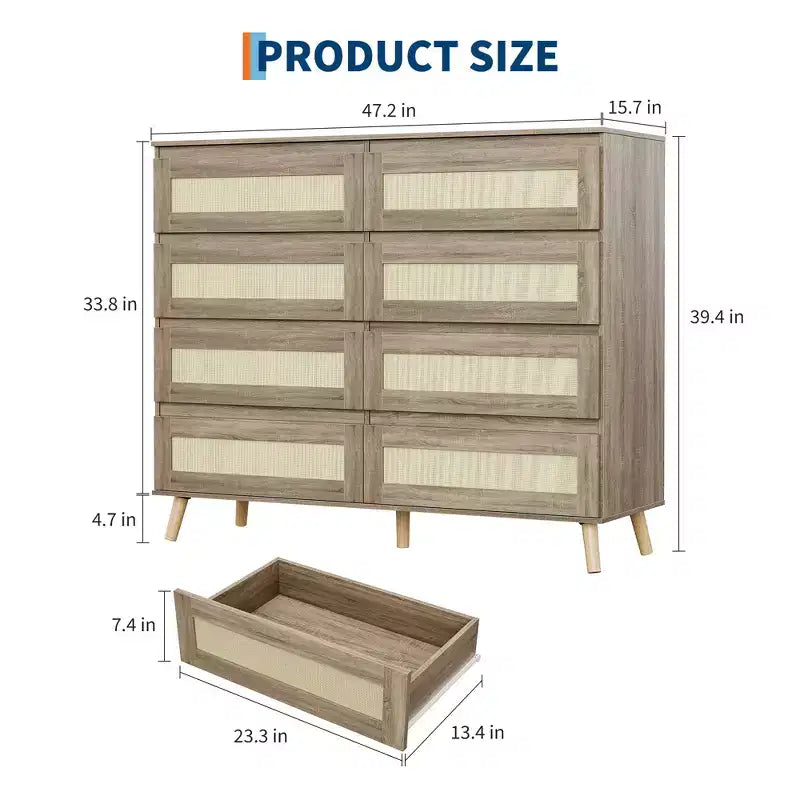 8 Drawer Dresser for Bedroom, Rattan 47'' Wide Chest of Drawers, Wooden Storage Dressers Organizer, Media Console Table for Living Room Hallway
