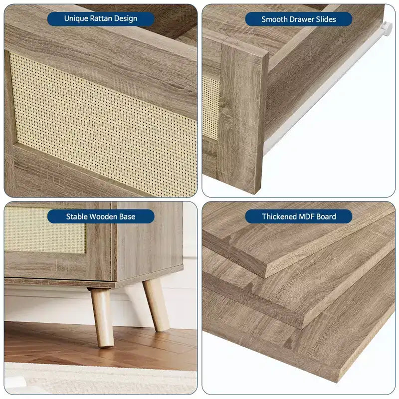 8 Drawer Dresser for Bedroom, Rattan 47'' Wide Chest of Drawers, Wooden Storage Dressers Organizer, Media Console Table for Living Room Hallway