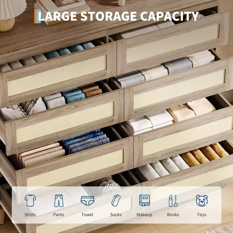 8 Drawer Dresser for Bedroom, Rattan 47'' Wide Chest of Drawers, Wooden Storage Dressers Organizer, Media Console Table for Living Room Hallway