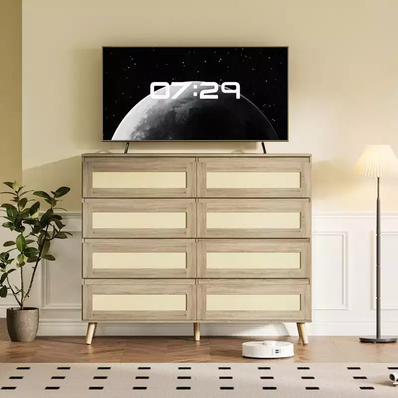 8 Drawer Dresser for Bedroom, Rattan 47'' Wide Chest of Drawers, Wooden Storage Dressers Organizer, Media Console Table for Living Room Hallway