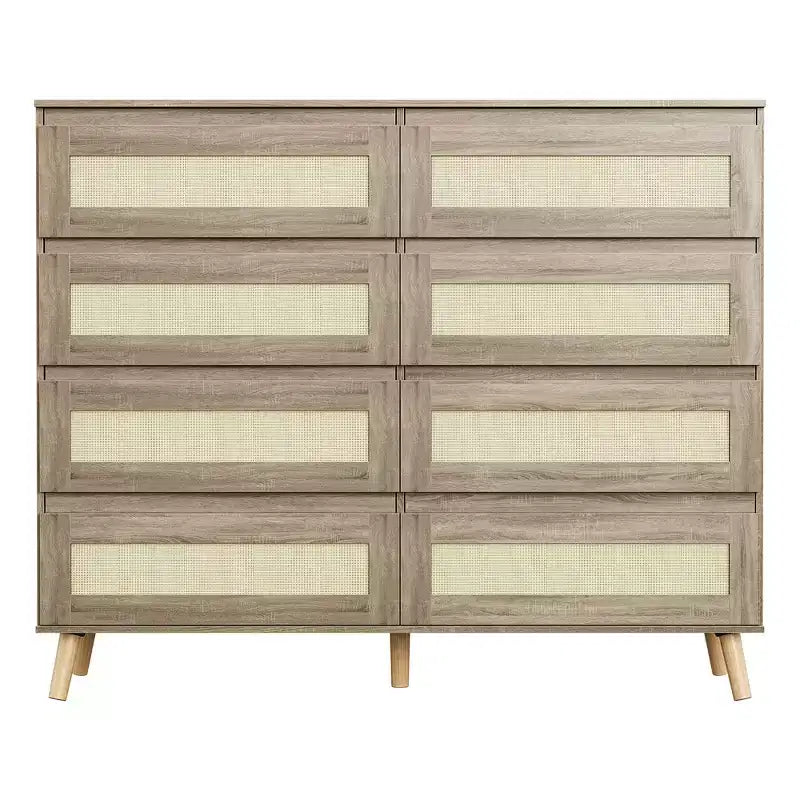 8 Drawer Dresser for Bedroom, Rattan 47'' Wide Chest of Drawers, Wooden Storage Dressers Organizer, Media Console Table for Living Room Hallway