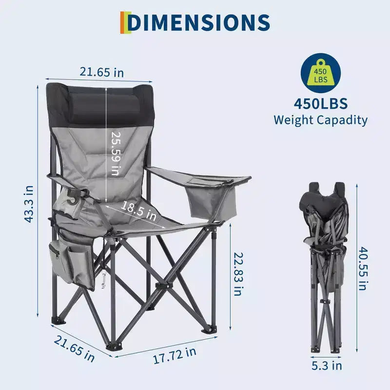Oversized Folding Camping Chair, Outdoor Padded Portable Chair with Cup Holder, 450 LBS Capacity