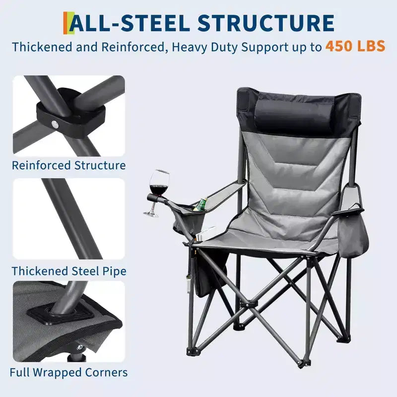 Oversized Folding Camping Chair, Outdoor Padded Portable Chair with Cup Holder, 450 LBS Capacity