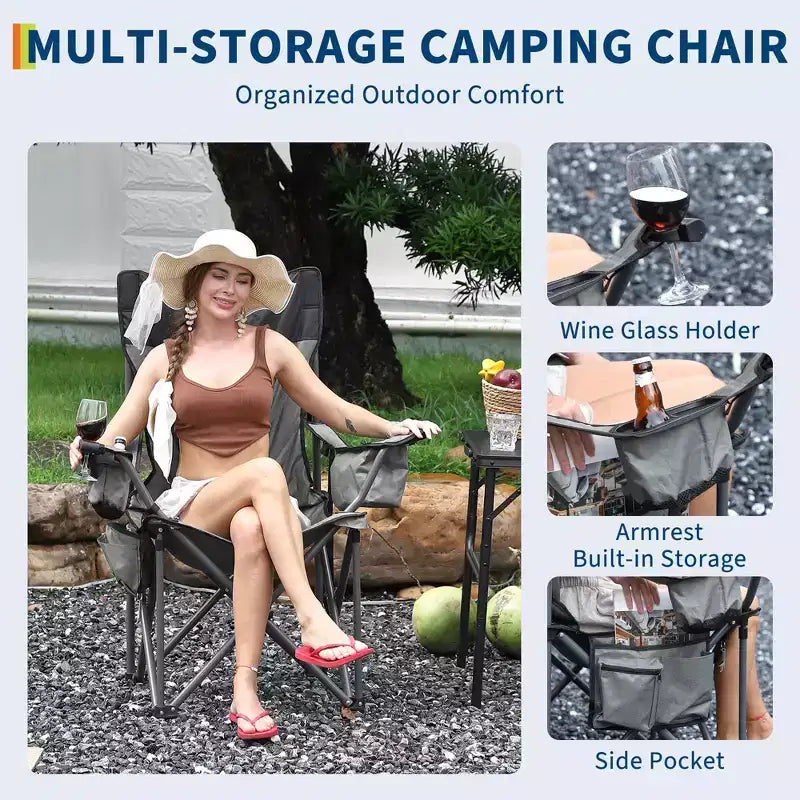 Oversized Folding Camping Chair, Outdoor Padded Portable Chair with Cup Holder, 450 LBS Capacity
