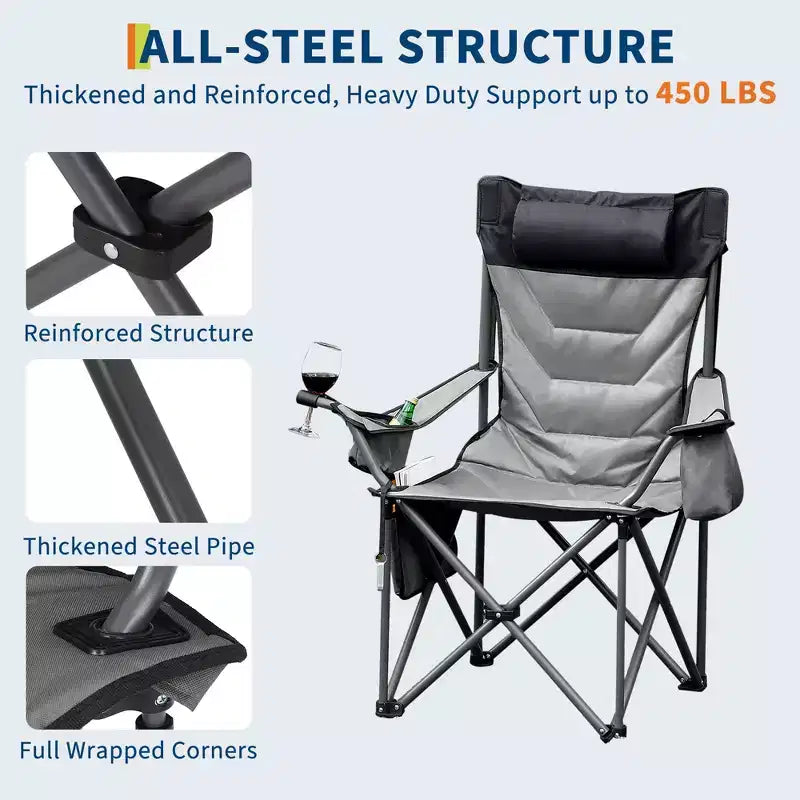 Oversized Folding Camping Chair, Outdoor Padded Portable Chair with Cup Holder, 450 LBS Capacity