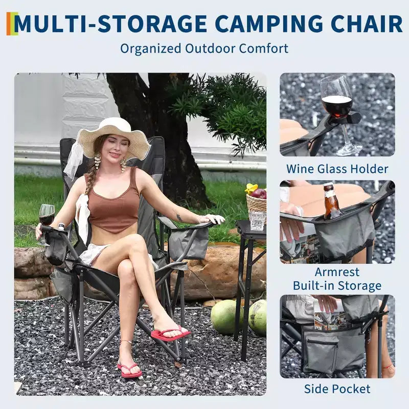 Oversized Folding Camping Chair, Outdoor Padded Portable Chair with Cup Holder, 450 LBS Capacity