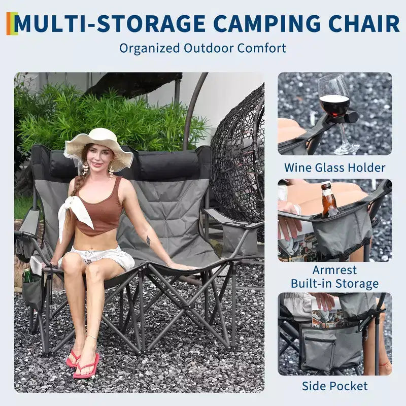 Oversized Folding Camping Chair, Outdoor Padded Portable Chair with Cup Holder, 450 LBS Capacity