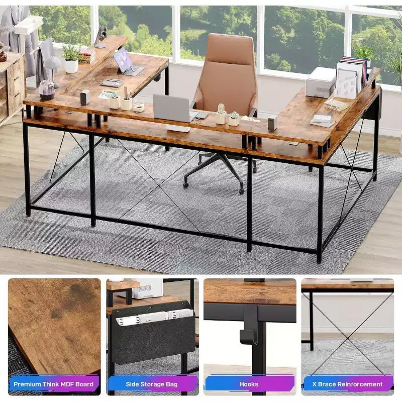 78.8in U-Shaped Corner Computer Desk for Gaming, Reversible L-Shaped Office Desk with Power Outlets, LED Lights, Monitor Stand & Storage Shelves