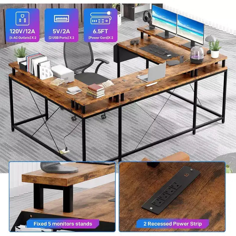 78.8in U-Shaped Corner Computer Desk for Gaming, Reversible L-Shaped Office Desk with Power Outlets, LED Lights, Monitor Stand & Storage Shelves