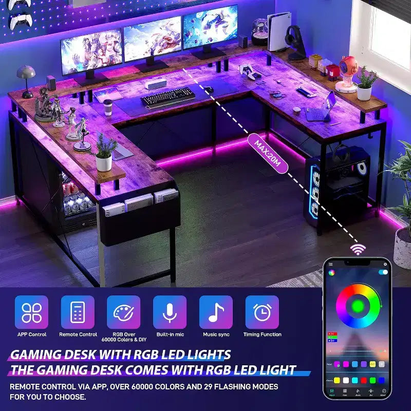 78.8in U-Shaped Corner Computer Desk for Gaming, Reversible L-Shaped Office Desk with Power Outlets, LED Lights, Monitor Stand & Storage Shelves
