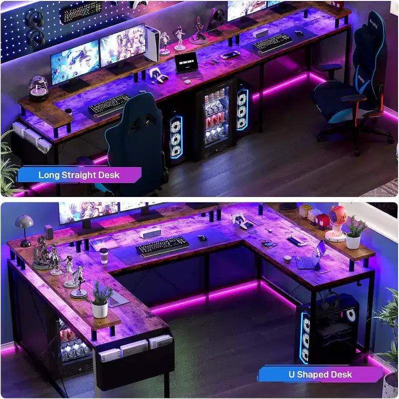78.8in U-Shaped Corner Computer Desk for Gaming, Reversible L-Shaped Office Desk with Power Outlets, LED Lights, Monitor Stand & Storage Shelves