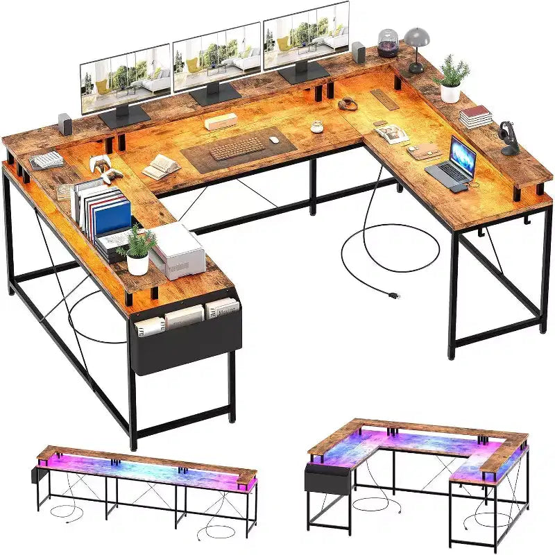 78.8in U-Shaped Corner Computer Desk for Gaming, Reversible L-Shaped Office Desk with Power Outlets, LED Lights, Monitor Stand & Storage Shelves