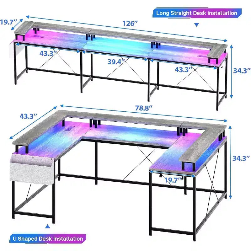 78.8in U-Shaped Corner Computer Desk for Gaming, Reversible L-Shaped Office Desk with Power Outlets, LED Lights, Monitor Stand & Storage Shelves