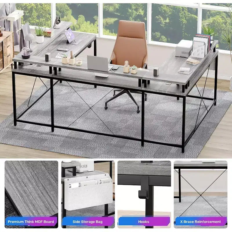 78.8in U-Shaped Corner Computer Desk for Gaming, Reversible L-Shaped Office Desk with Power Outlets, LED Lights, Monitor Stand & Storage Shelves