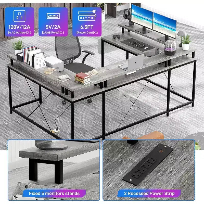 78.8in U-Shaped Corner Computer Desk for Gaming, Reversible L-Shaped Office Desk with Power Outlets, LED Lights, Monitor Stand & Storage Shelves