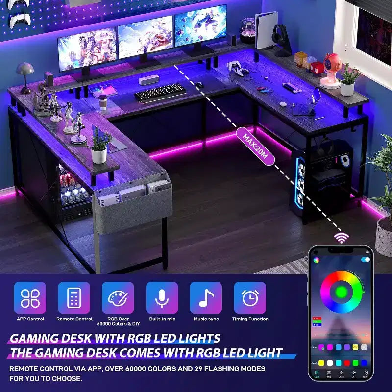 78.8in U-Shaped Corner Computer Desk for Gaming, Reversible L-Shaped Office Desk with Power Outlets, LED Lights, Monitor Stand & Storage Shelves