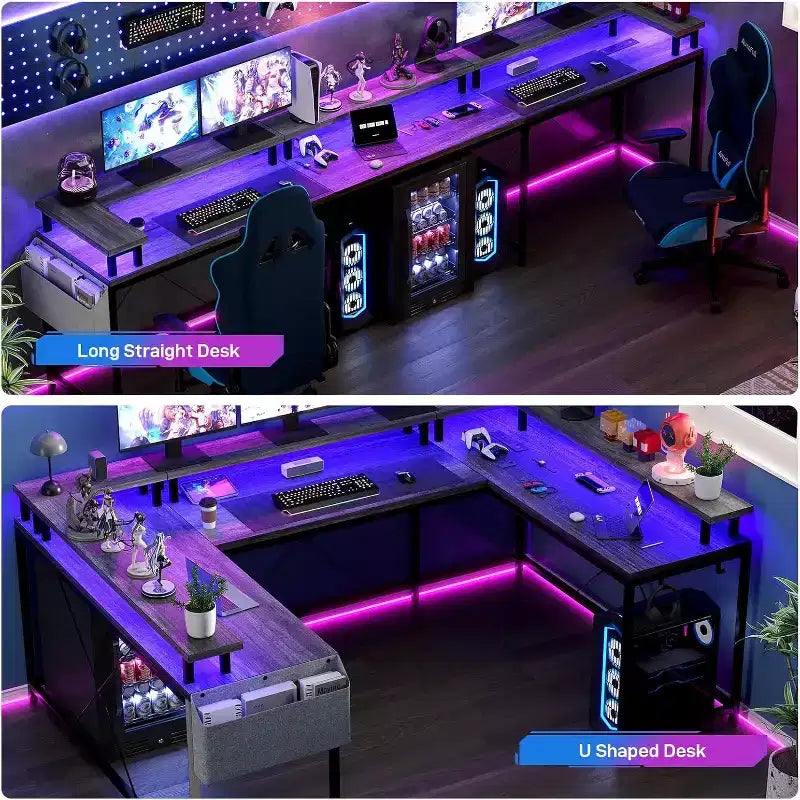 78.8in U-Shaped Corner Computer Desk for Gaming, Reversible L-Shaped Office Desk with Power Outlets, LED Lights, Monitor Stand & Storage Shelves