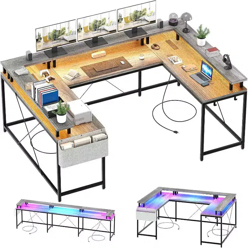 78.8in U-Shaped Corner Computer Desk for Gaming, Reversible L-Shaped Office Desk with Power Outlets, LED Lights, Monitor Stand & Storage Shelves