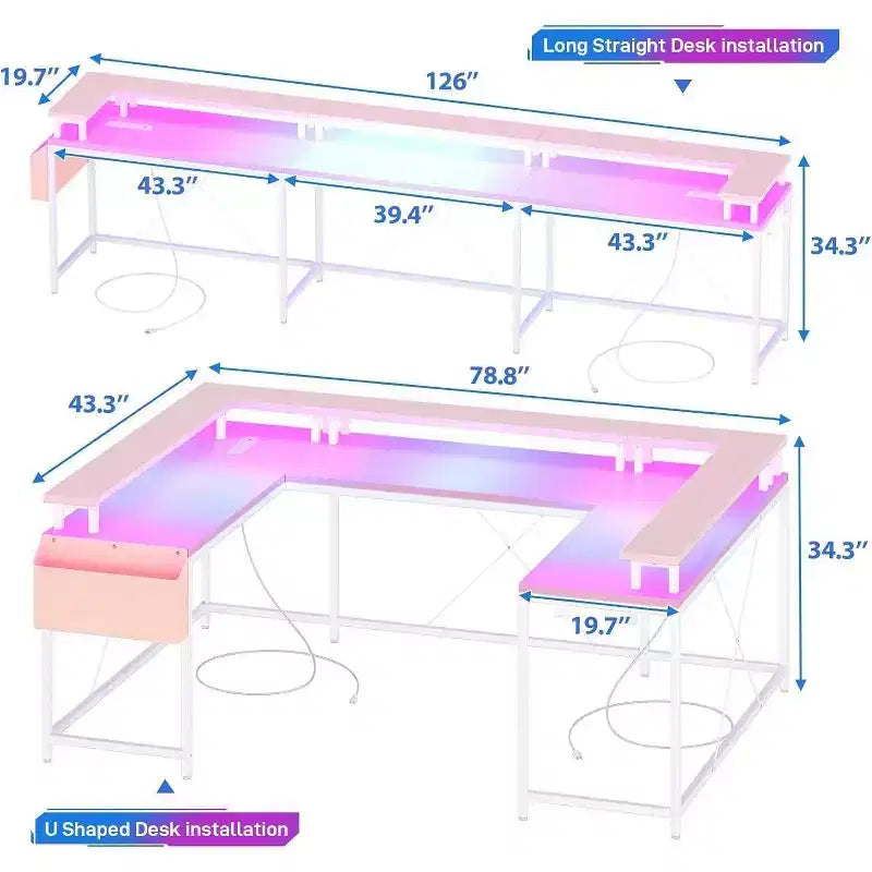 78.8in U-Shaped Corner Computer Desk for Gaming, Reversible L-Shaped Office Desk with Power Outlets, LED Lights, Monitor Stand & Storage Shelves
