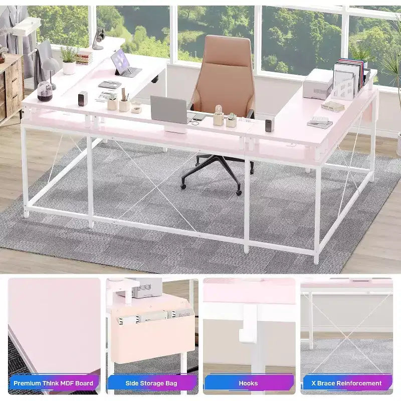 78.8in U-Shaped Corner Computer Desk for Gaming, Reversible L-Shaped Office Desk with Power Outlets, LED Lights, Monitor Stand & Storage Shelves