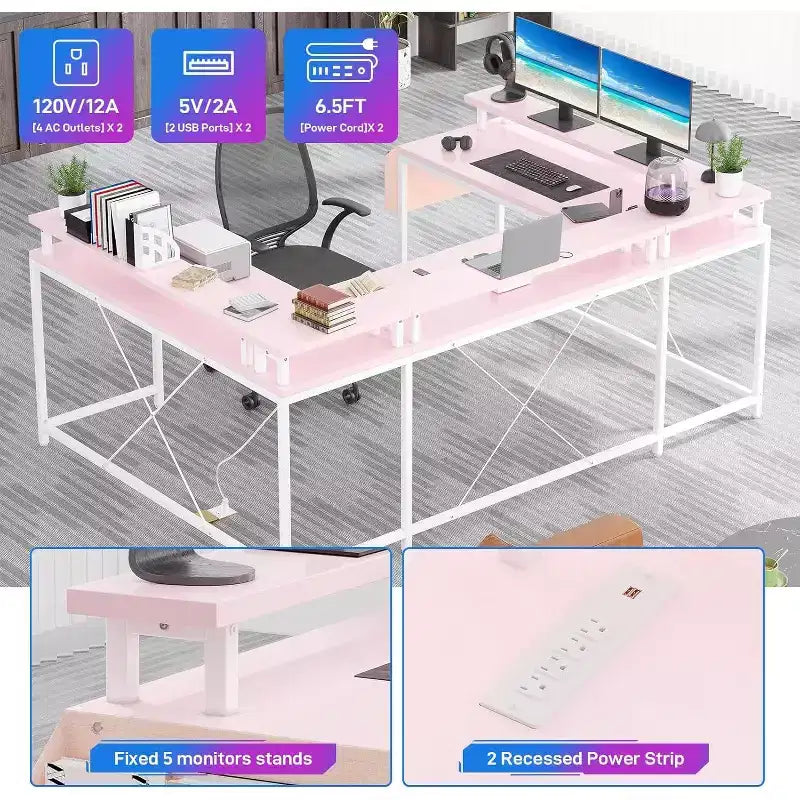 78.8in U-Shaped Corner Computer Desk for Gaming, Reversible L-Shaped Office Desk with Power Outlets, LED Lights, Monitor Stand & Storage Shelves