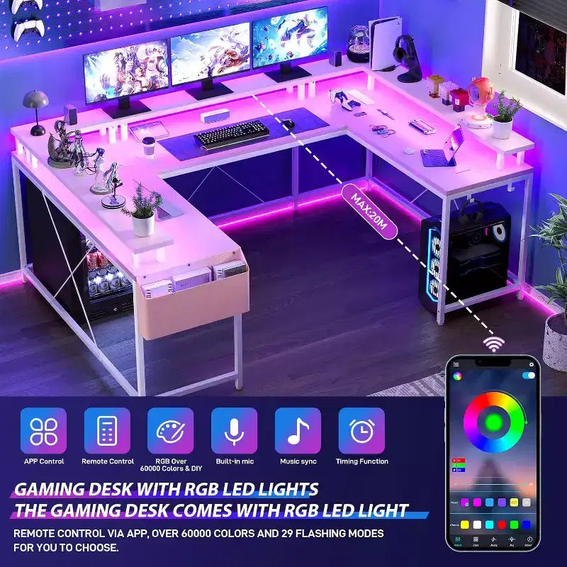 78.8in U-Shaped Corner Computer Desk for Gaming, Reversible L-Shaped Office Desk with Power Outlets, LED Lights, Monitor Stand & Storage Shelves