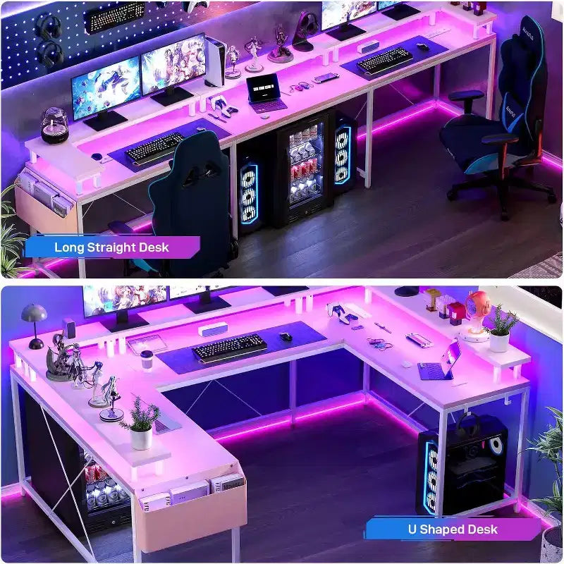 78.8in U-Shaped Corner Computer Desk for Gaming, Reversible L-Shaped Office Desk with Power Outlets, LED Lights, Monitor Stand & Storage Shelves