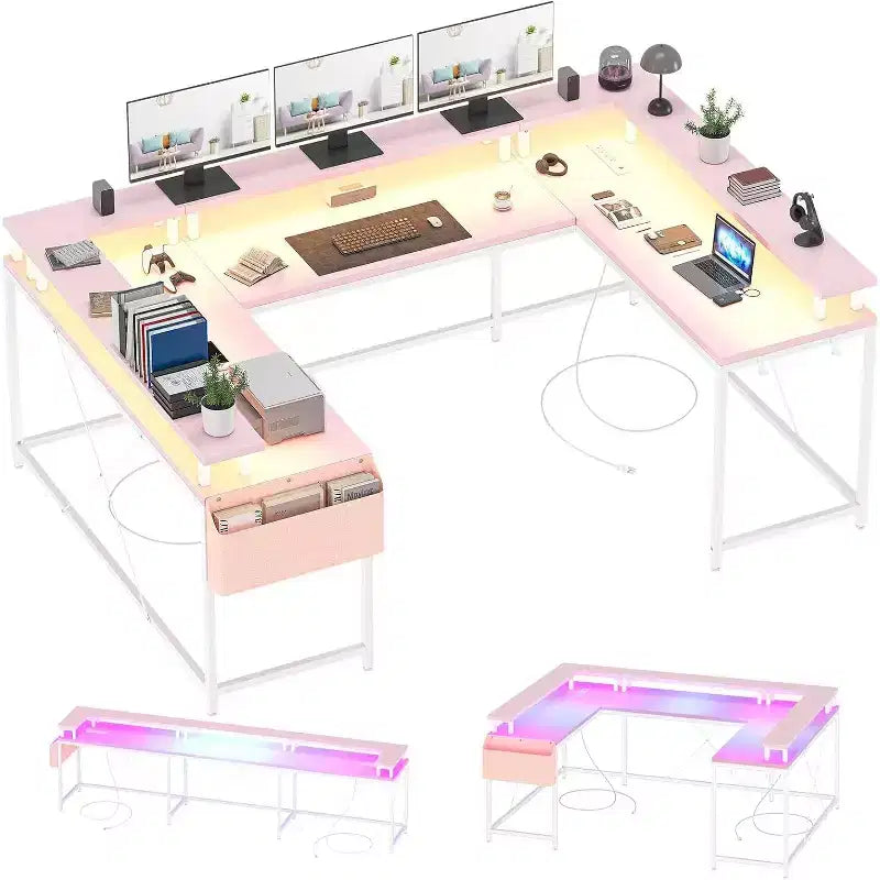 78.8in U-Shaped Corner Computer Desk for Gaming, Reversible L-Shaped Office Desk with Power Outlets, LED Lights, Monitor Stand & Storage Shelves