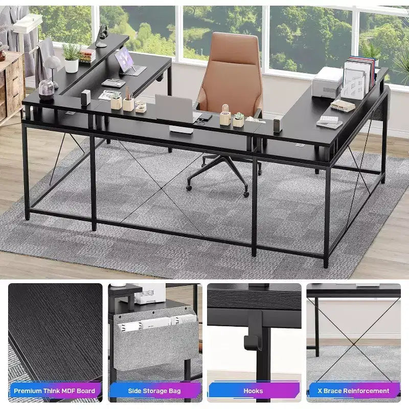 78.8in U-Shaped Corner Computer Desk for Gaming, Reversible L-Shaped Office Desk with Power Outlets, LED Lights, Monitor Stand & Storage Shelves