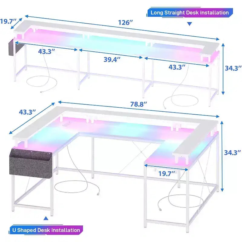 78.8in U-Shaped Corner Computer Desk for Gaming, Reversible L-Shaped Office Desk with Power Outlets, LED Lights, Monitor Stand & Storage Shelves