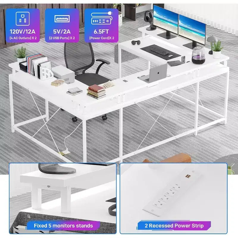 78.8in U-Shaped Corner Computer Desk for Gaming, Reversible L-Shaped Office Desk with Power Outlets, LED Lights, Monitor Stand & Storage Shelves