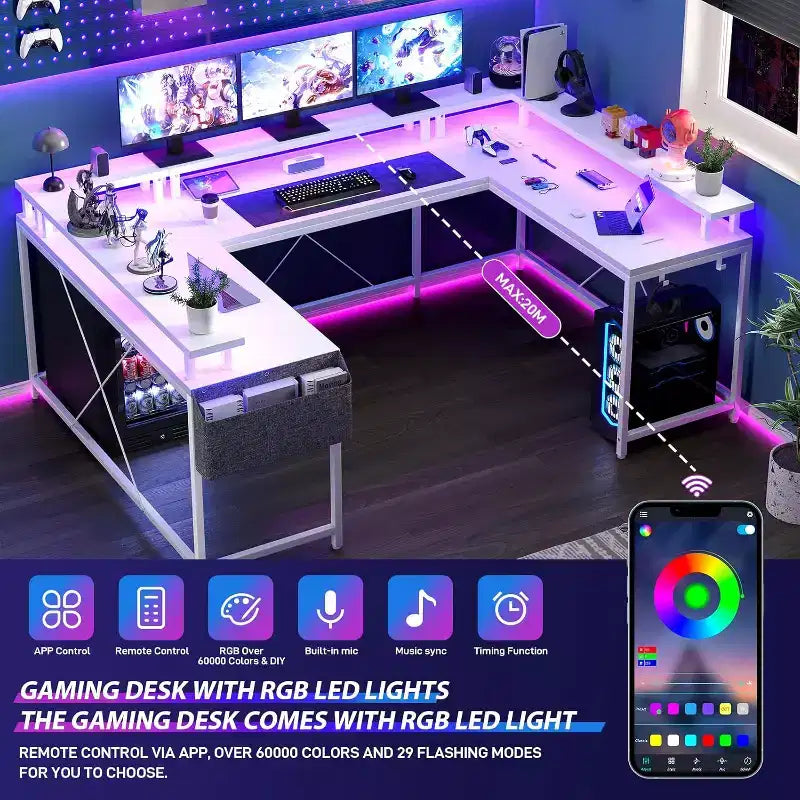 78.8in U-Shaped Corner Computer Desk for Gaming, Reversible L-Shaped Office Desk with Power Outlets, LED Lights, Monitor Stand & Storage Shelves