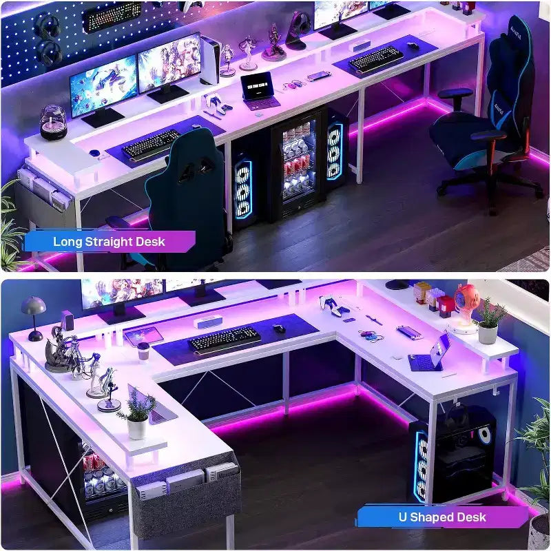 78.8in U-Shaped Corner Computer Desk for Gaming, Reversible L-Shaped Office Desk with Power Outlets, LED Lights, Monitor Stand & Storage Shelves