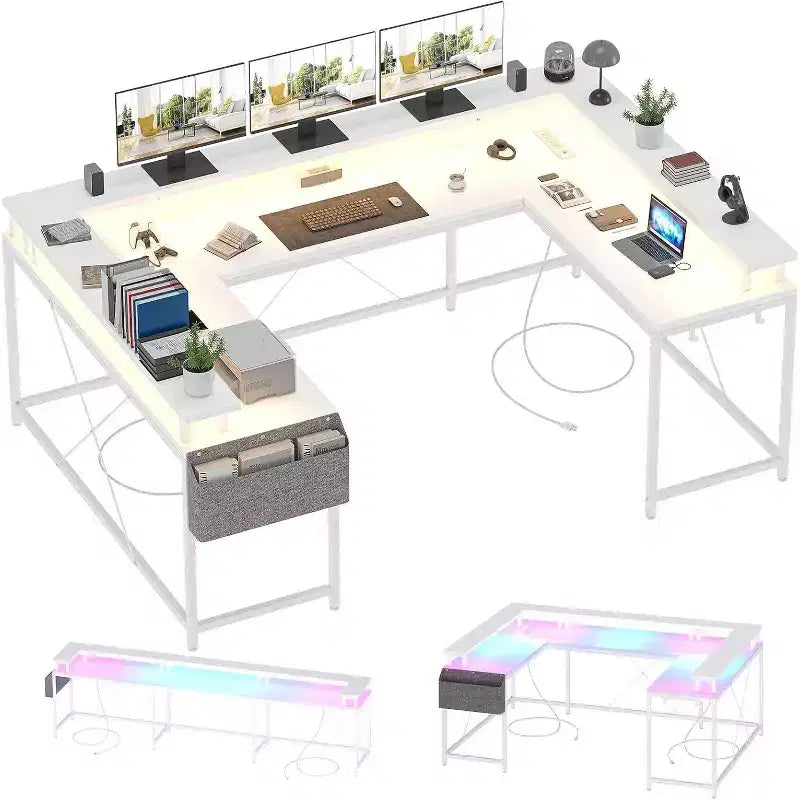 78.8in U-Shaped Corner Computer Desk for Gaming, Reversible L-Shaped Office Desk with Power Outlets, LED Lights, Monitor Stand & Storage Shelves