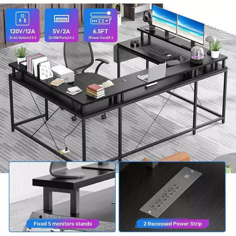 78.8in U-Shaped Corner Computer Desk for Gaming, Reversible L-Shaped Office Desk with Power Outlets, LED Lights, Monitor Stand & Storage Shelves