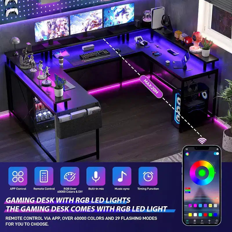 78.8in U-Shaped Corner Computer Desk for Gaming, Reversible L-Shaped Office Desk with Power Outlets, LED Lights, Monitor Stand & Storage Shelves
