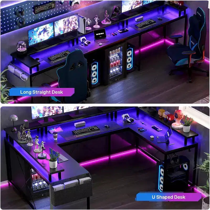 78.8in U-Shaped Corner Computer Desk for Gaming, Reversible L-Shaped Office Desk with Power Outlets, LED Lights, Monitor Stand & Storage Shelves