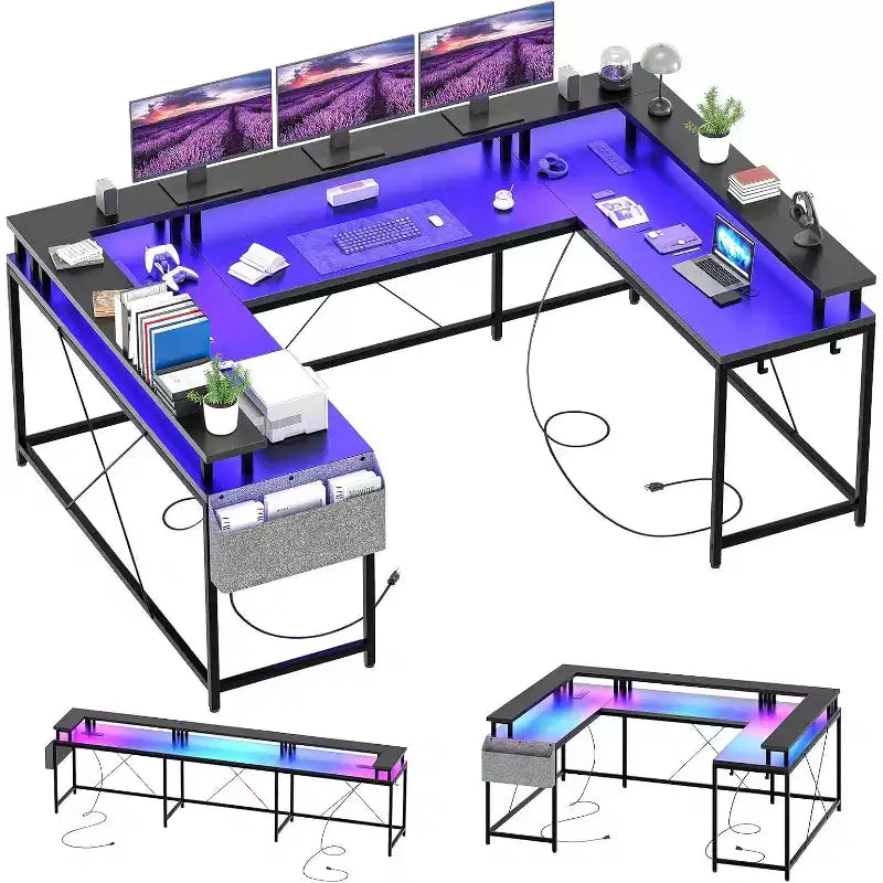 78.8in U-Shaped Corner Computer Desk for Gaming, Reversible L-Shaped Office Desk with Power Outlets, LED Lights, Monitor Stand & Storage Shelves