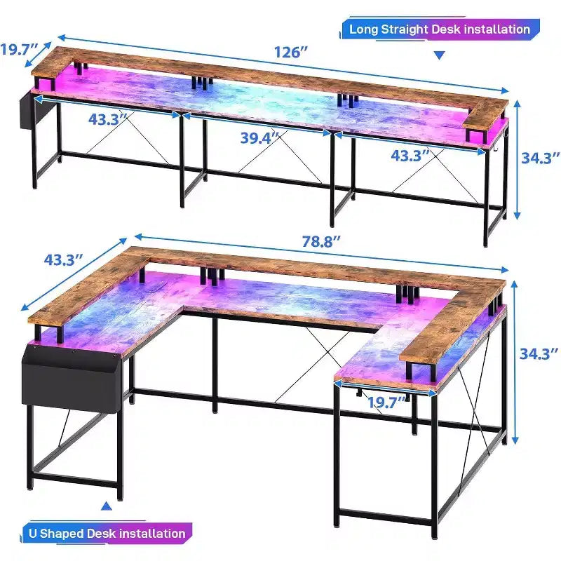 78.8in U-Shaped Corner Computer Desk for Gaming, Reversible L-Shaped Office Desk with Power Outlets, LED Lights, Monitor Stand & Storage Shelves