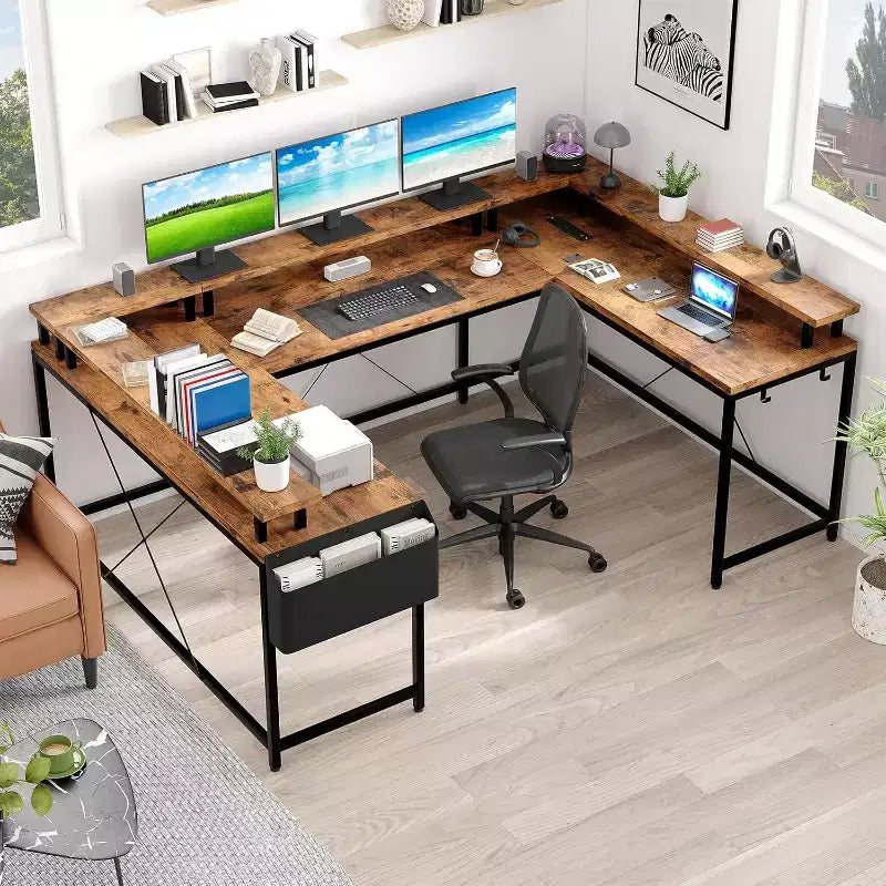 78.8in U-Shaped Corner Computer Desk for Gaming, Reversible L-Shaped Office Desk with Power Outlets, LED Lights, Monitor Stand & Storage Shelves