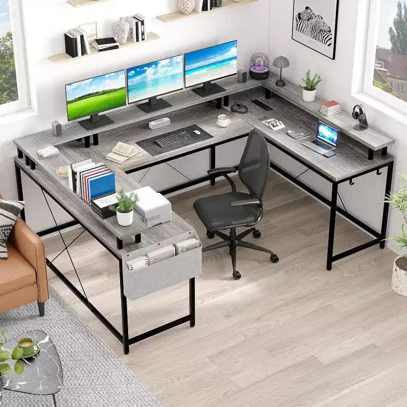 78.8in U-Shaped Corner Computer Desk for Gaming, Reversible L-Shaped Office Desk with Power Outlets, LED Lights, Monitor Stand & Storage Shelves