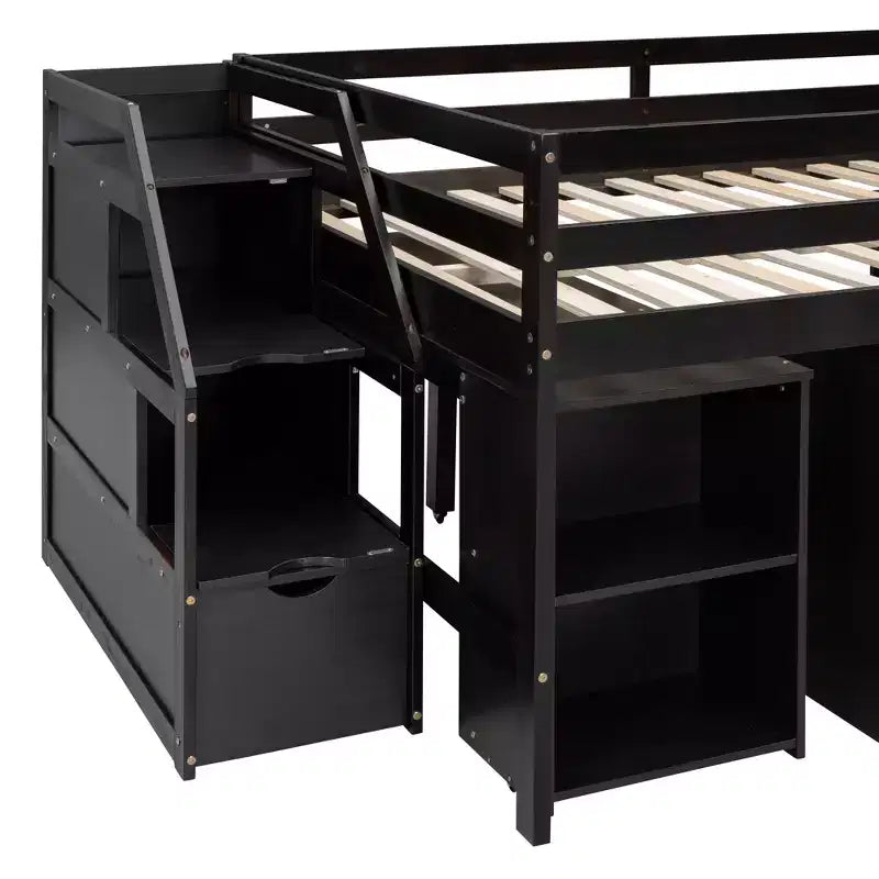 Full Size Loft Bed with Retractable Writing Desk and 3 Drawers, Wooden Loft Bed with Storage Stairs and Shelves