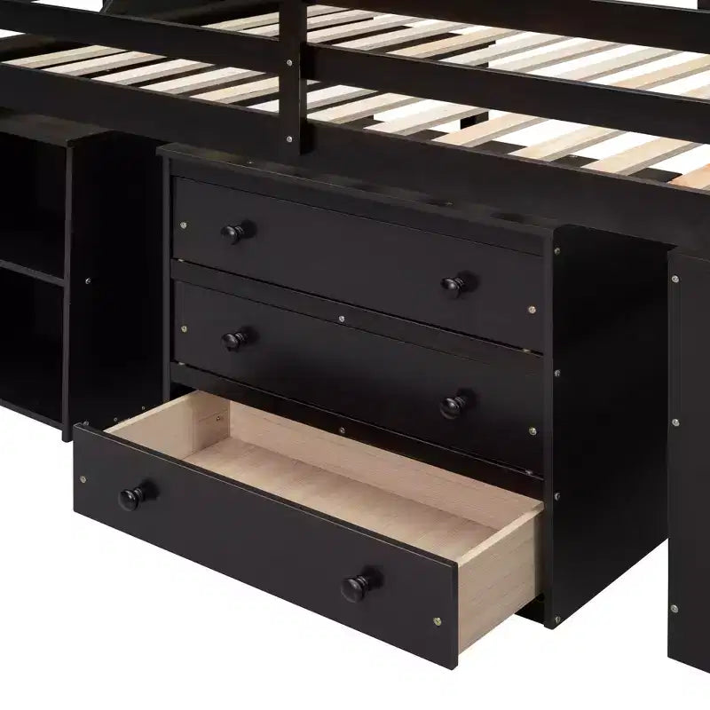 Full Size Loft Bed with Retractable Writing Desk and 3 Drawers, Wooden Loft Bed with Storage Stairs and Shelves
