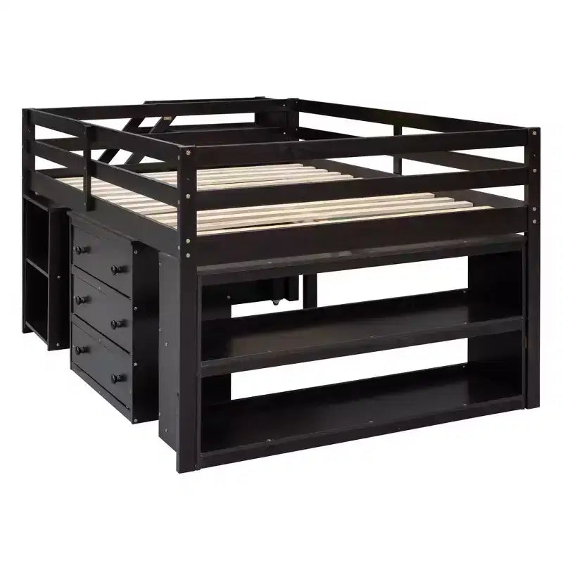 Full Size Loft Bed with Retractable Writing Desk and 3 Drawers, Wooden Loft Bed with Storage Stairs and Shelves